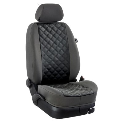 Fiat Pilotsitz (ohne Gurthalter), Bj. 05/2006 - 2014 / Maßangefertigte Vordersitzbezüge für Wohnmobile :: K92. Kunstleder Karo-schwarz / Stoff anthrazit / (15% Aufpreis)